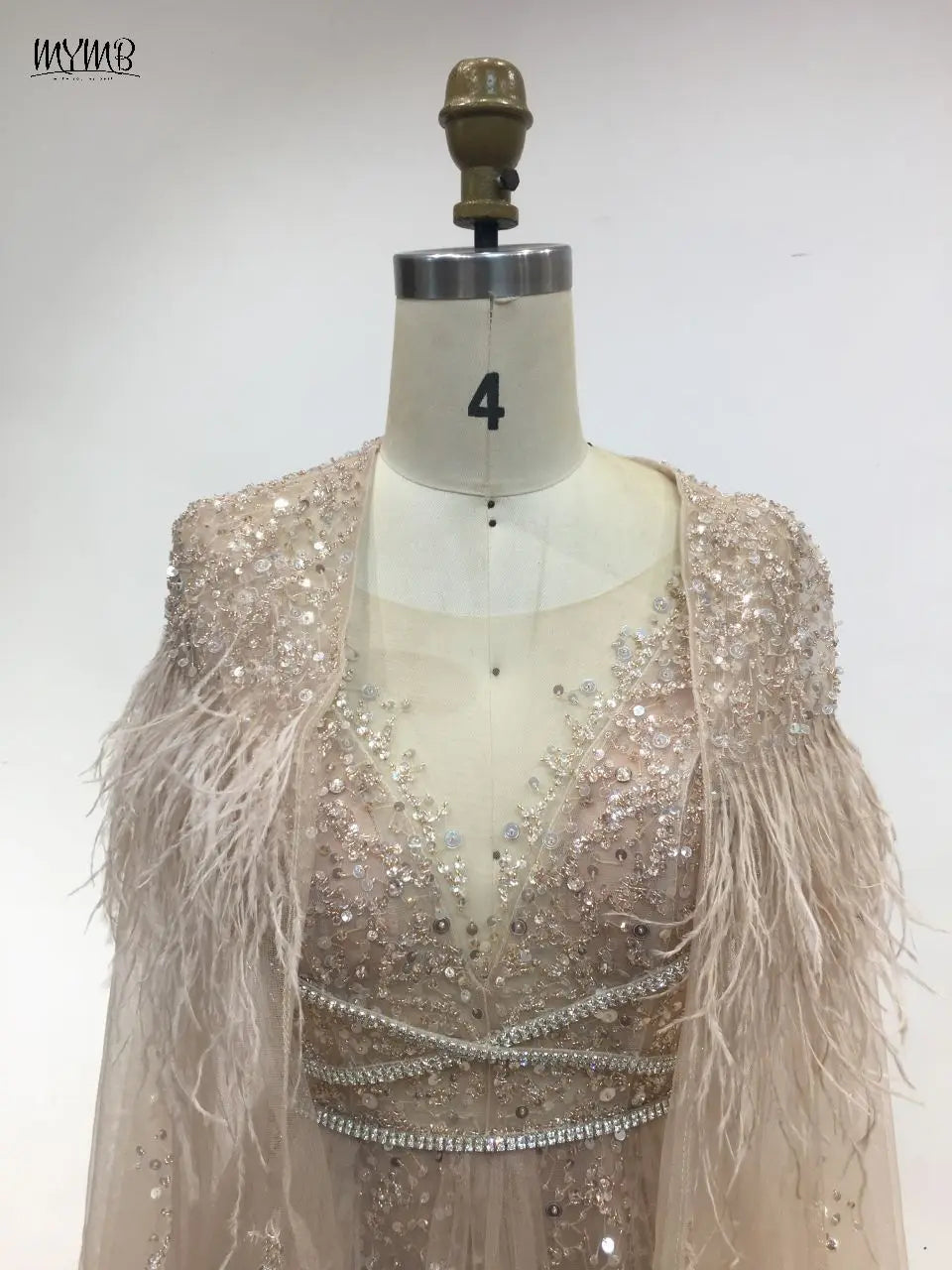 MYMB Arabic A-Line Women's Formal Engagement Dresses Gorgerous Beaded Wedding Prom Party Gown with Feathers Cape Shawl DKN0304