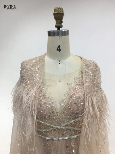 MYMB Arabic A-Line Women's Formal Engagement Dresses Gorgerous Beaded Wedding Prom Party Gown with Feathers Cape Shawl DKN0304