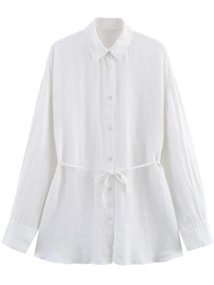 White Shirt For Women Fashion Cotton And Linen Loose Lace Up Blouse Spring Summer 2025 New Long Sleeve Simple Casual Shirts Lady