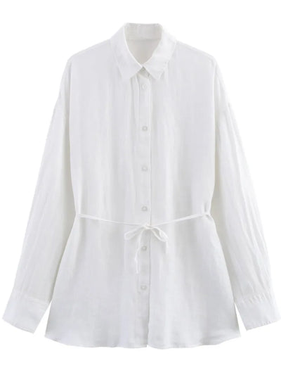 White Shirt For Women Fashion Cotton And Linen Loose Lace Up Blouse Spring Summer 2025 New Long Sleeve Simple Casual Shirts Lady