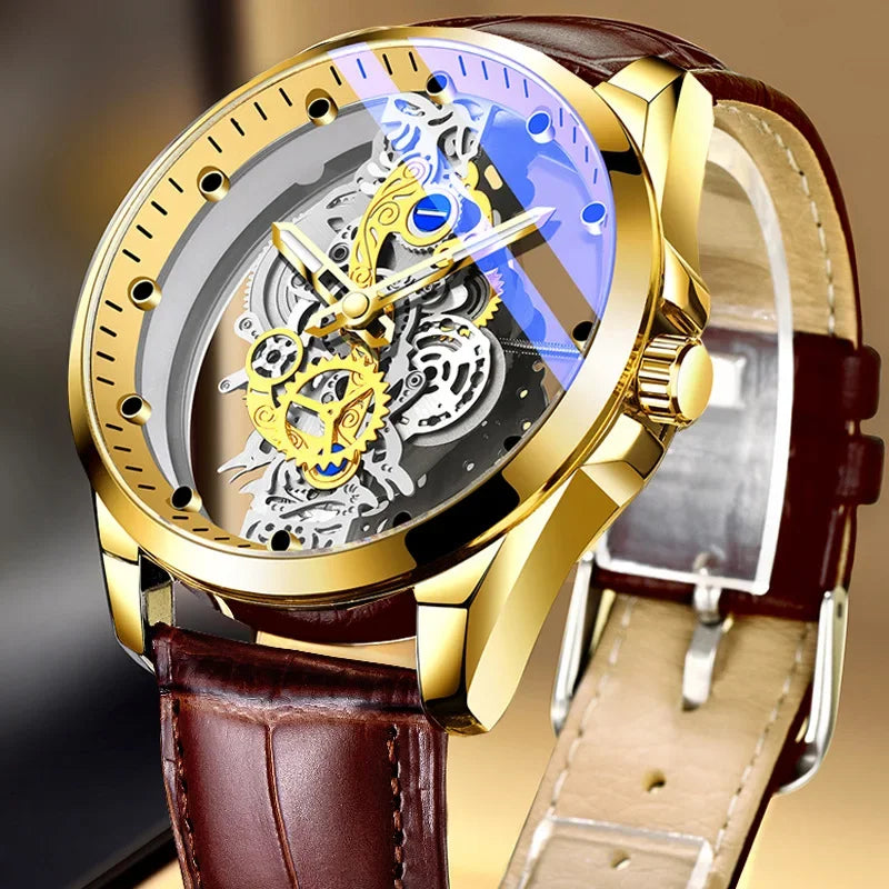 High-end Business Watch for Men's Watch Automatic Double Sided Transparent Hollow Waterproof and Luminous Quartz Watch for Men