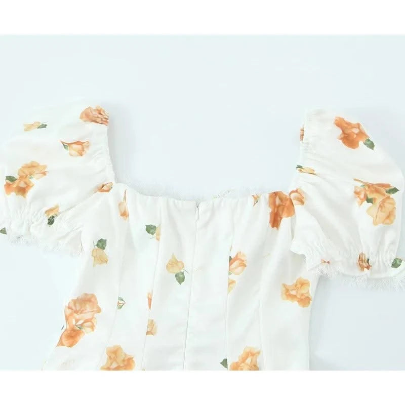 Summer Dresses 2025 Women French Style Floral Print Puff Sleeve Dress Lace Trim A-line Short Elegant Sundress Chic Lady Robe