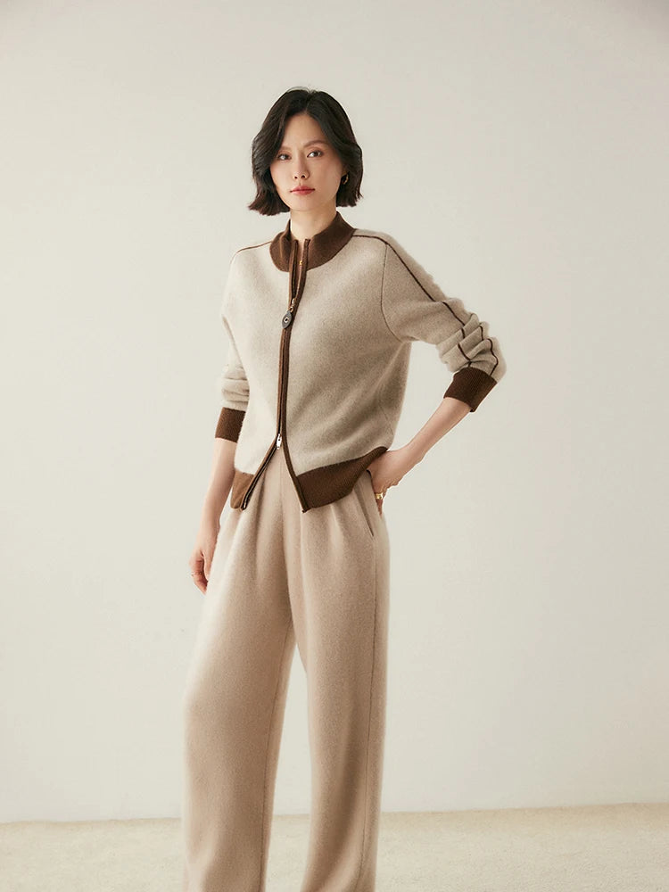 ADDONEE Women 100% Cashmere Pants Pleated Waist Wide Leg Pants Casual Simple Style Autumn Winter Cashmere Knit Trousers Luxury