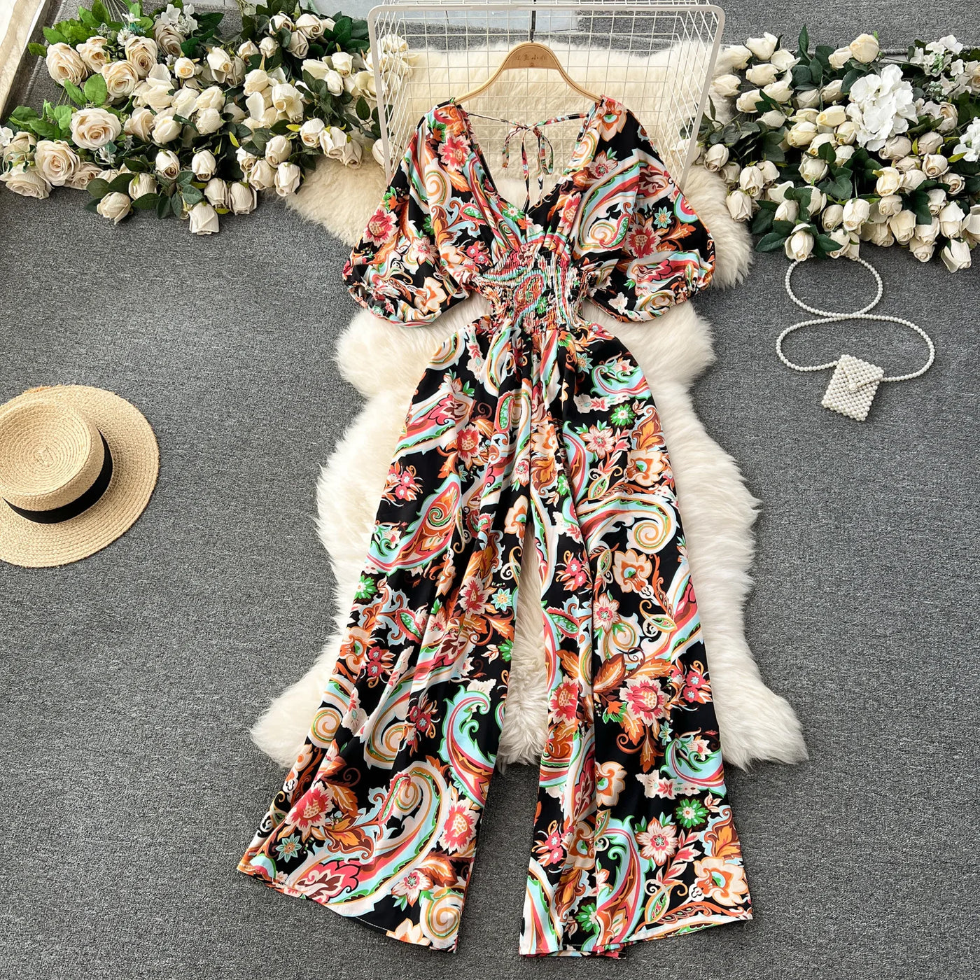 V Neck Sexy Dolman Sleeves Waist Slim Polka Dot Print Jumpsuit Women Wide Leg Trousers Jumpsuit