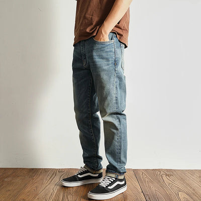 14 oz Red Denim Jeans for Men Retro Slim Straight Stretch made old wash heavy weight hem denim pants trend