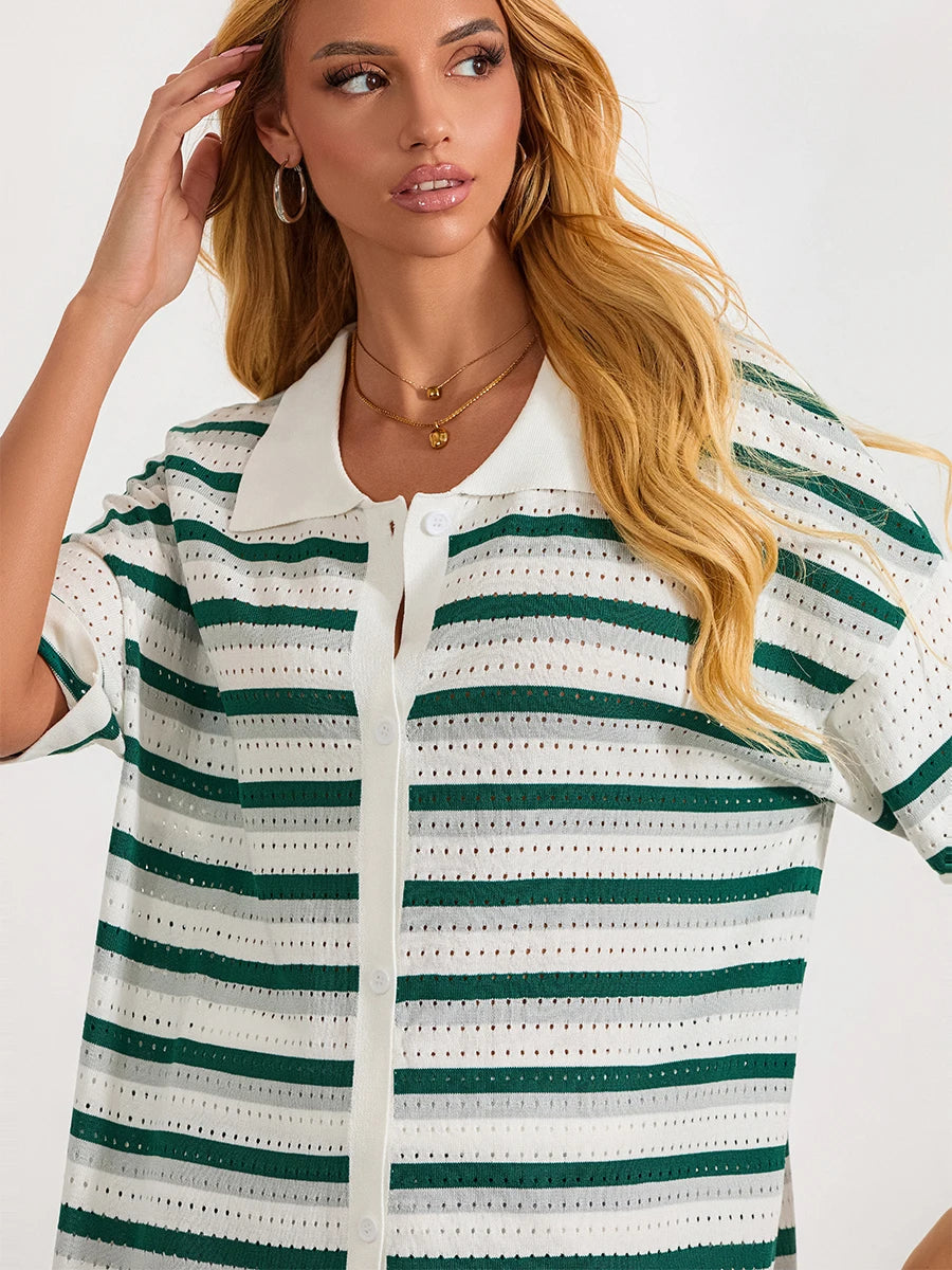 Women Pajamas Set 2 Pieces Loungewear Suits Summer Striped Contrast Color Button Crochet Knit Tops and Shorts Lounge Sets Beach