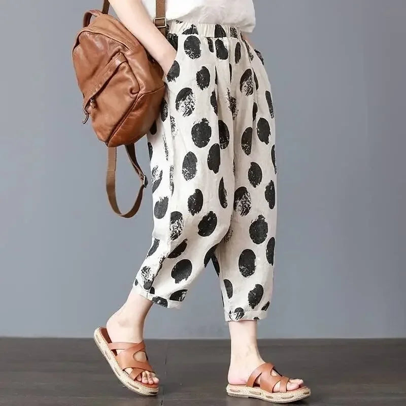 Casual Wide Leg Pants Women Summer Harem Pants for Women Retro Fashion Print Loose Cotton Linen Pants Printed Ankle-Length Pants