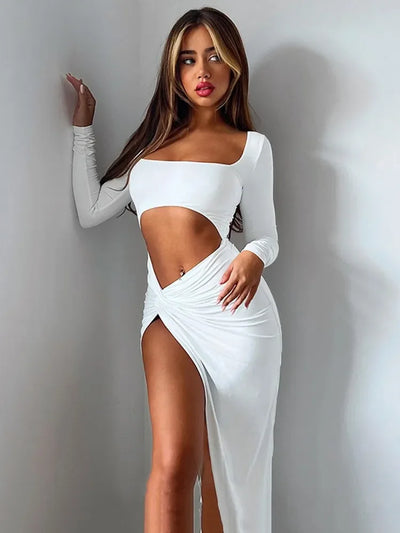 Y2k Summer midriff Baring Elegant Sexy Long Sleeve Ruched Bodycon Dress Women  Maxi Dresses Skinny Stretchy Party Vestidos