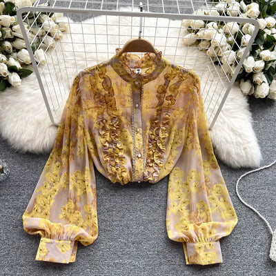 Women Ruffles Lace Floral Print Retro Elegant Button Shirts Summer Fashion Sweet Chic Stand Collar Long Sleeve Blouse Loose Tops