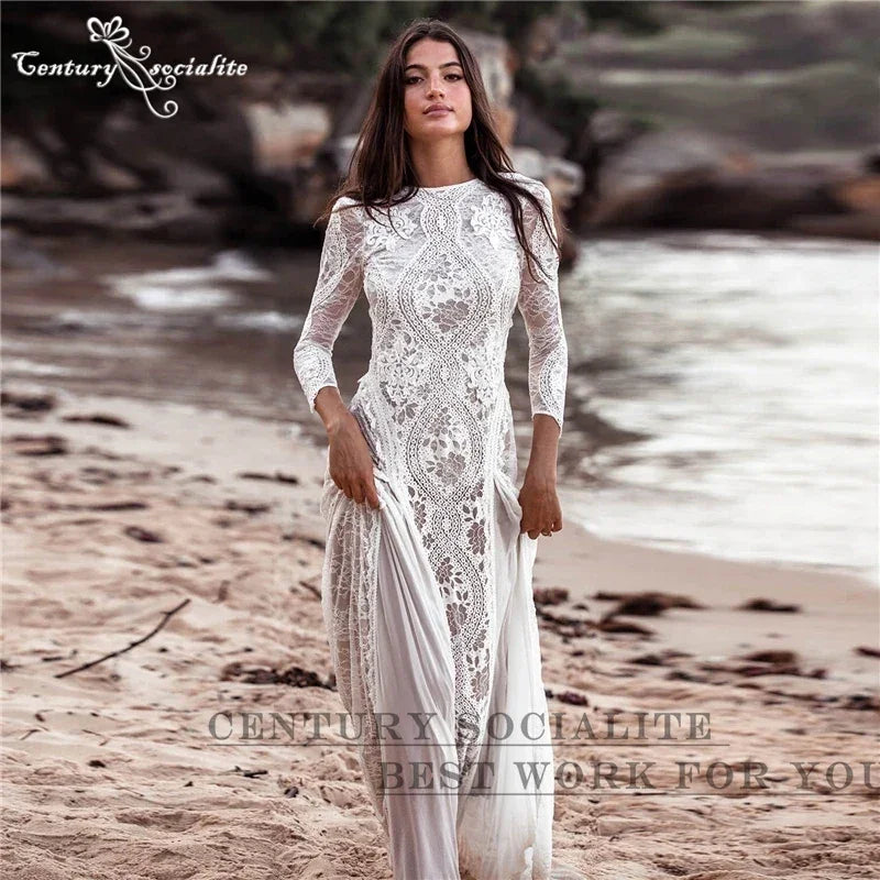 Boho Wedding Dresses 2025 Long Sleeve Backless Lace Appliques Chiffon Sheath Bohemian Bridal Gowns Beach Bride Dress Customized