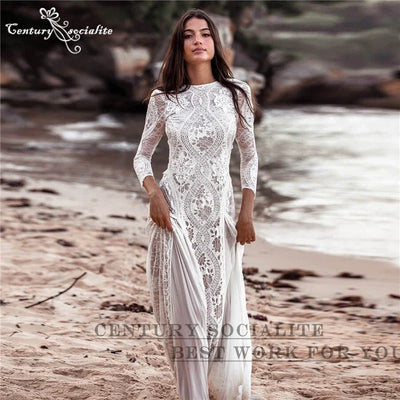 Boho Wedding Dresses 2025 Long Sleeve Backless Lace Appliques Chiffon Sheath Bohemian Bridal Gowns Beach Bride Dress Customized