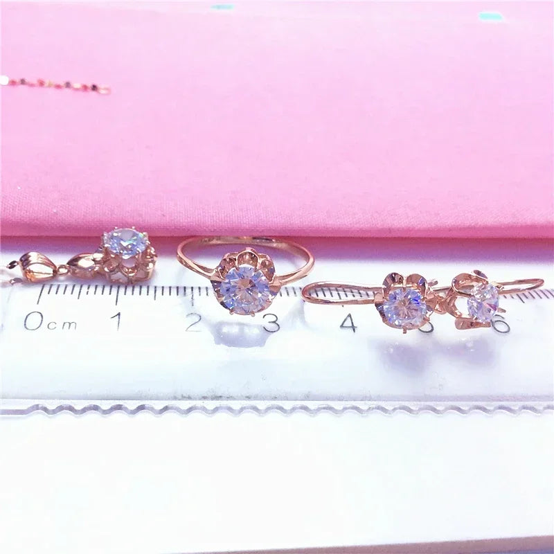 White Shiny Flower Jewelry Set Plated  Rose Gold Earrings for Women Charms Rings Necklace Elegant Light Luxury Necklaces