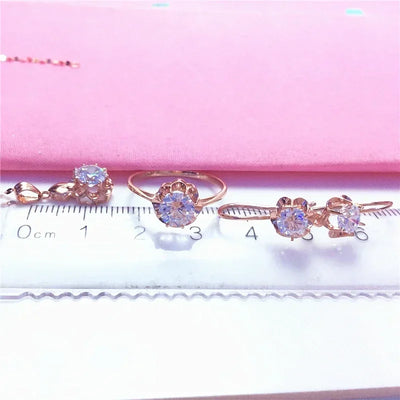 White Shiny Flower Jewelry Set Plated  Rose Gold Earrings for Women Charms Rings Necklace Elegant Light Luxury Necklaces