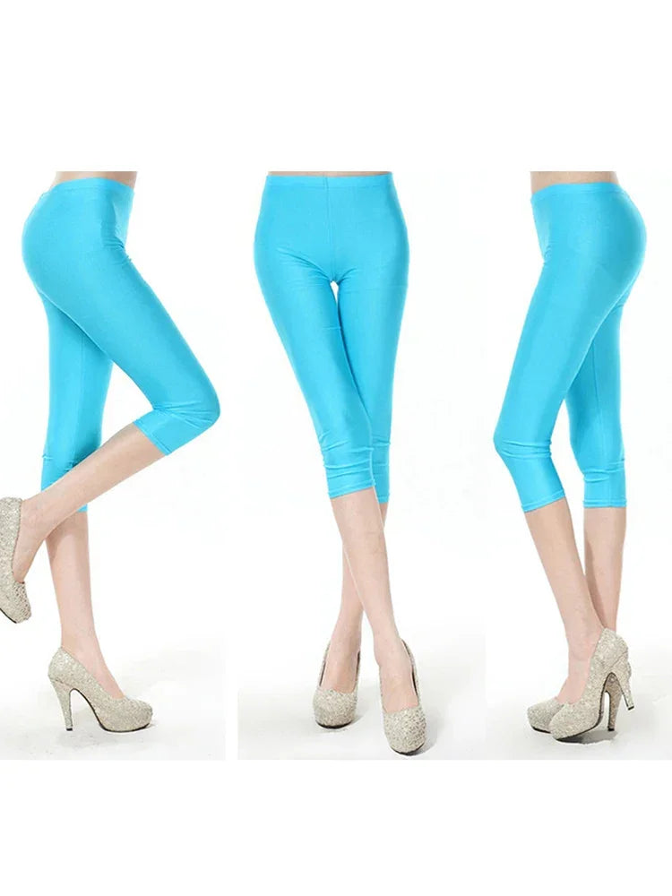 CUHAKCI Fluorescent Color Women Leggings Shiny Leggins Spandex Pants Summer Super Elastic Fitness Capris