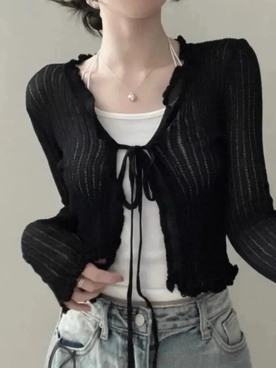 Ruffled Trim Tie Front Long Sleeve Crop Top Women Long Sleeve Open Front Ribbed Knit Cardigan Sweater Summer Fairycore Outfit