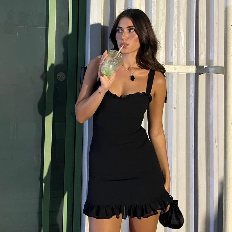 Women's Summer Dresses 2024 Sleeveless Sweetheart Neck Lace Up Mini Dress Ruffle Hem Floral Beach Dress Vacation Tank Top