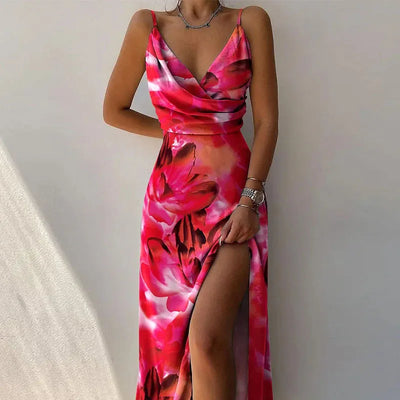 Summer Print Dresses For Women 2025 New Fashion Sexy Sleeveless Suspender V-neck Slit Print Slim Elegant Dress Beach Dresses Hot