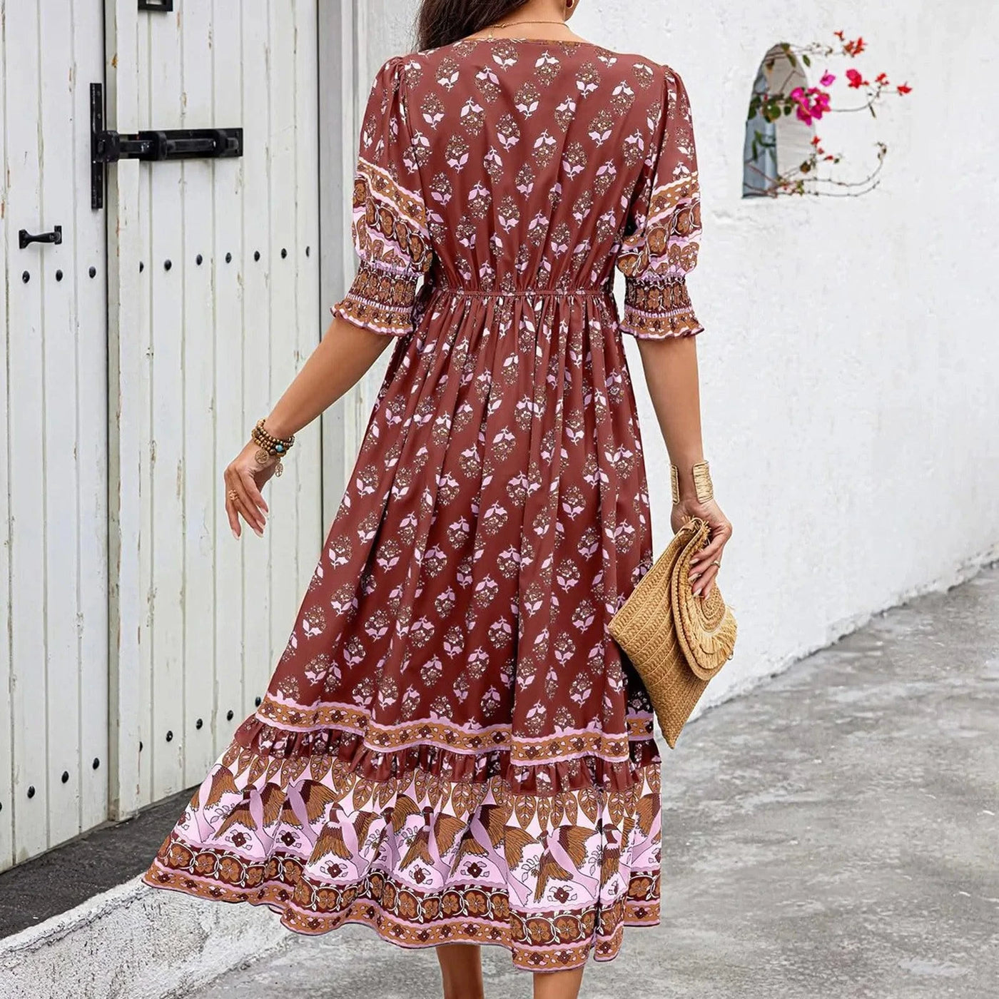 dresses for women Fashion summer Casual long dresses Bohemian V-Neck Printed High Waisted Big Swing Dress vestidos cortos