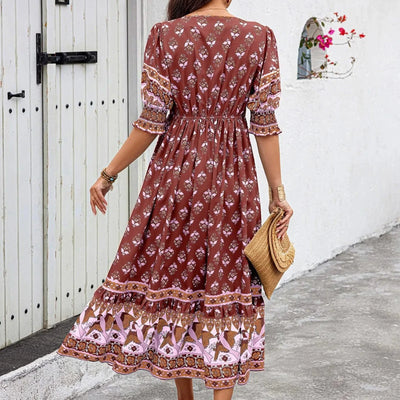 dresses for women Fashion summer Casual long dresses Bohemian V-Neck Printed High Waisted Big Swing Dress vestidos cortos