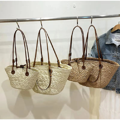Designer Bohemian Chic Shoulder Bag,Solid Color Large Capacity Straw Woven Tote Bag,Nature-Inspired Beach Vacation Women Handbag