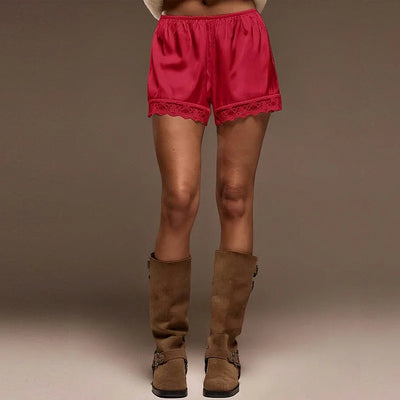 Women Cozy Satin Lounge Shorts Elastic Waist Lace Patchwork Loose Pajamas Shorts Sleepwear