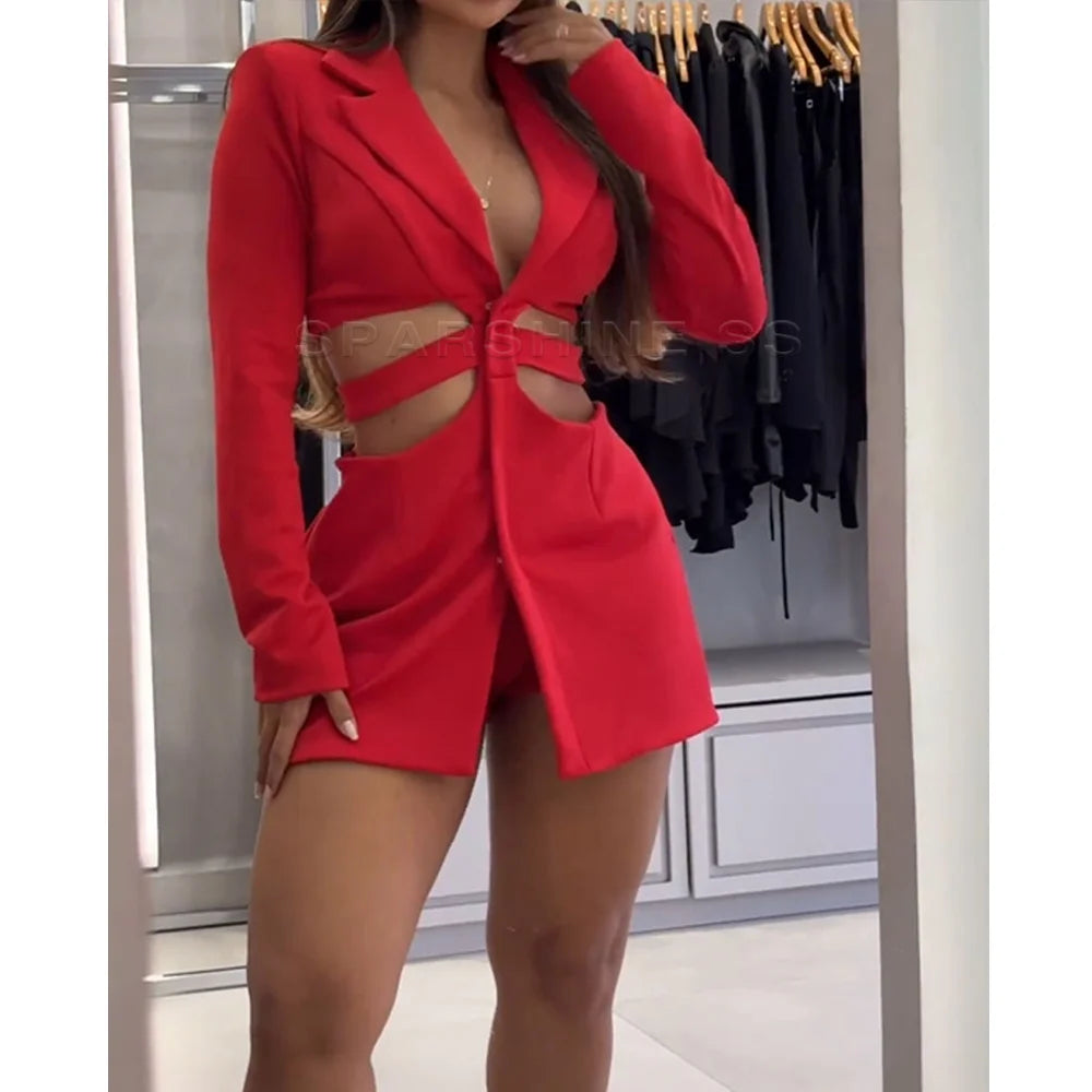 Women's Two Piece Set Summer Sexy Fashion Solid Color Long Sleeve Hollow Out Lapel Shirt Skirt Top Shorts Sets Streetwear