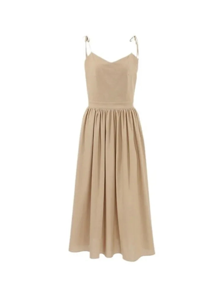 Cotton Linen Solid Color Spaghetti Strap Dresses Women Fashion Leace-up V-neck Backless Beach Vacation Long Dress Female New