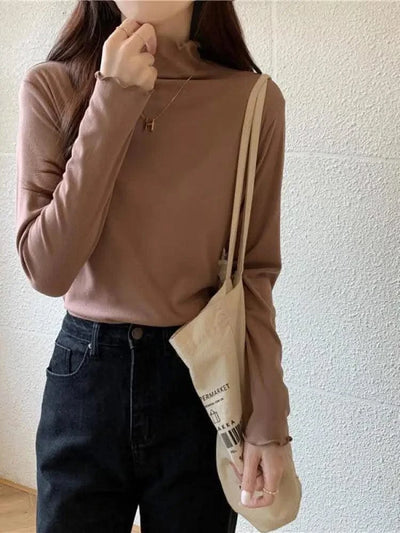 Skinny High Elastic Mock Neck Pullover Long Sleeve T-shirts For Women