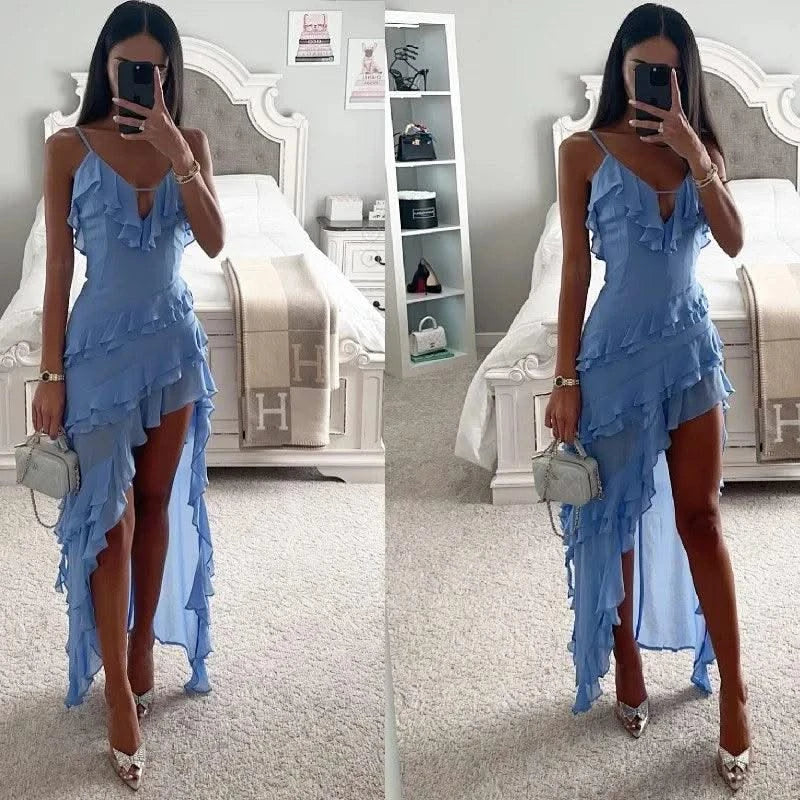 Summer Women Floral Print Party Dress Elegant New Fashion Strap V Neck High Waist Halter Corset Ruffle Evening Long Dress Robe