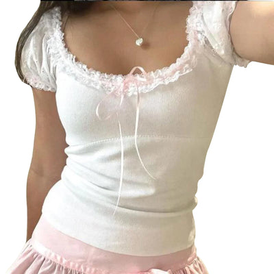 Lace Trim T-Shirts For Women Short Sleeve Crop Tops with Bow Sweet Kawaii Y2k Clothes Streetwear