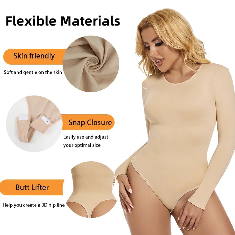Women Full Body Shaper Long Sleeve Round Neck Shapewear Slimming Breathable Bodysuit Seamless Tummy Control Waist Trainer Corset