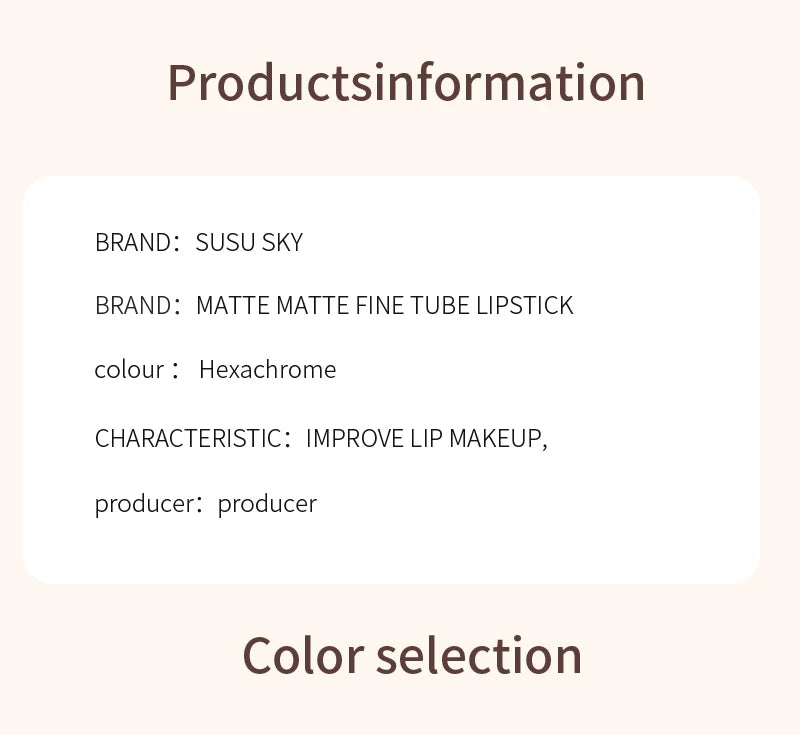 TX010Thin Tube Matte Lipstick, Waterproof and Sweatproof, Does Not Fade Or Remove Makeup, Can Be Used on Both Lips and Cheeks