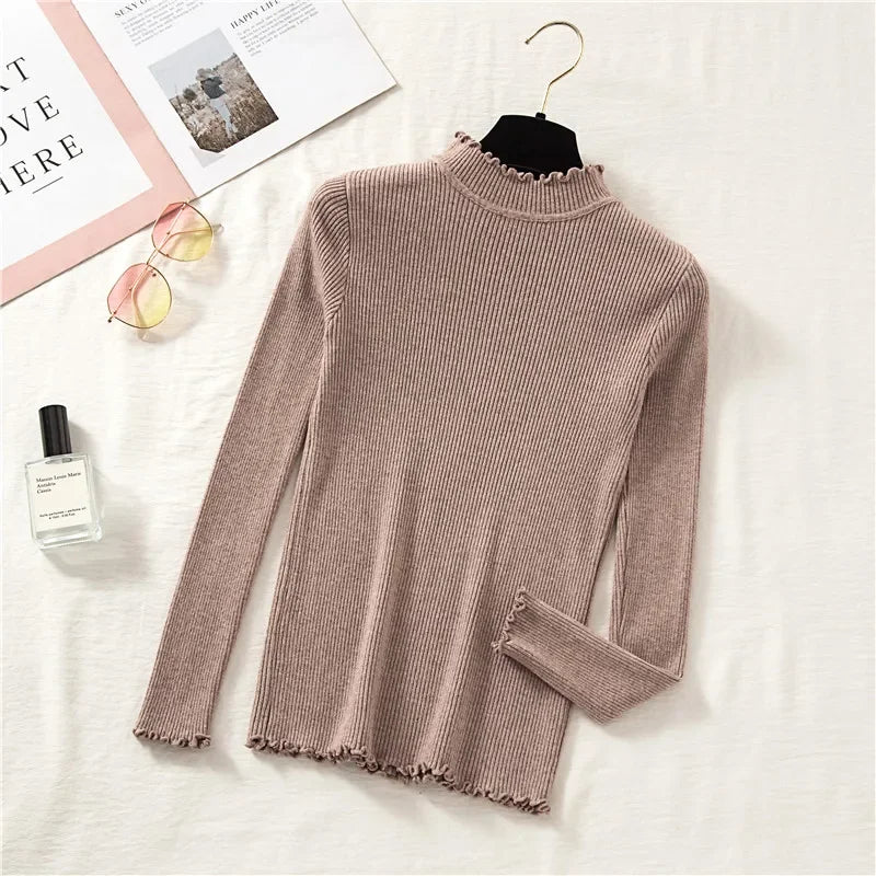 Mock Neck Clothes Knitted Woman Sweaters Pullovers Autumn Winter Basic Women's Jumper Slim Somen's Sweater Pull Long Sleeve