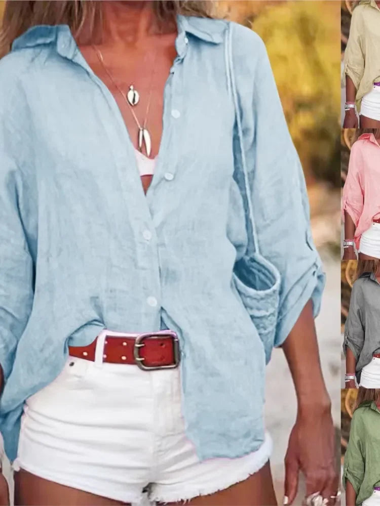 Cotton Linen Shirts & Blouses Women Summer Solid Long Sleeve Buttons Cardigan Office Tops Vintage Streetwear Blusas Clothes