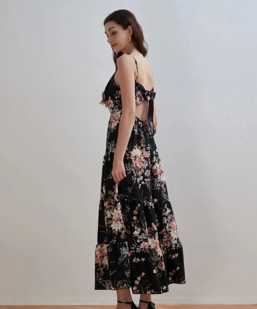 Women's Summer Black Floral V Neck Sleeveless Backless Halter Dress Fashion Elegant Sexy Bow Tie Black Backless Party Dresses