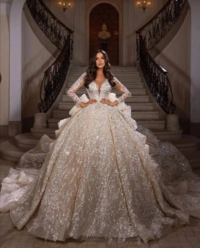 Wedding Dress Glitter Sequins Beading Appliques Cathedral Bridal Gown
