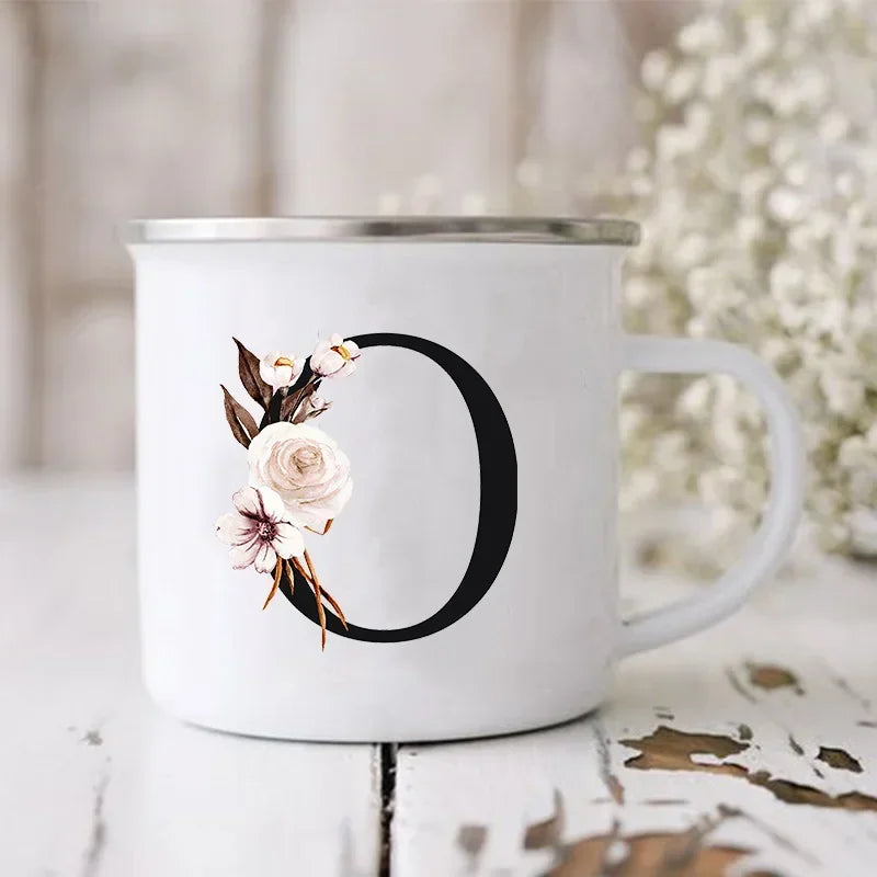 Initial Letter Print Mugs Enamel Creative Coffee Cups Drinks Wine Juice Milk Cup Vintage Home Office Handle Drinkware Best Gifts