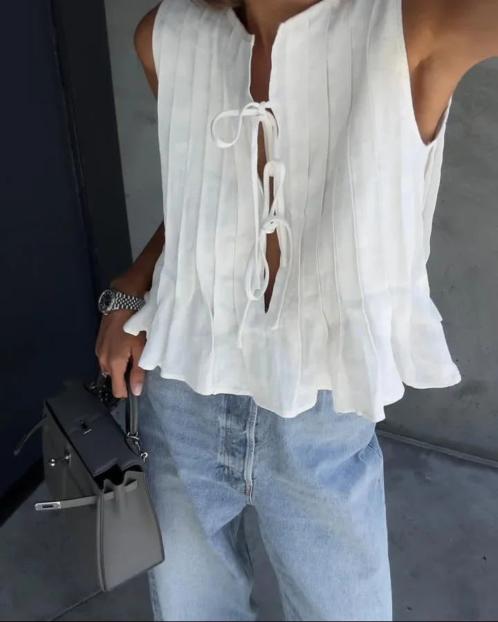 Fashion Bow Lace Up Shirts Women Cotton Linen Hollow Out Sleeveless Pleated Blouses Woman 2025 Summer New Casual Lady White Tops