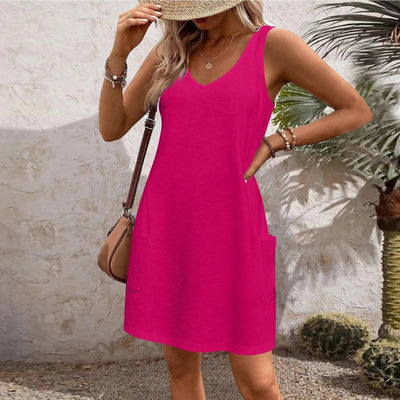 Womens Summer Dresses Plain Loose V Neck Sleeveless Sundresses Swimsuit Coverup With Pockets Vestidos Para Mujer платье женское