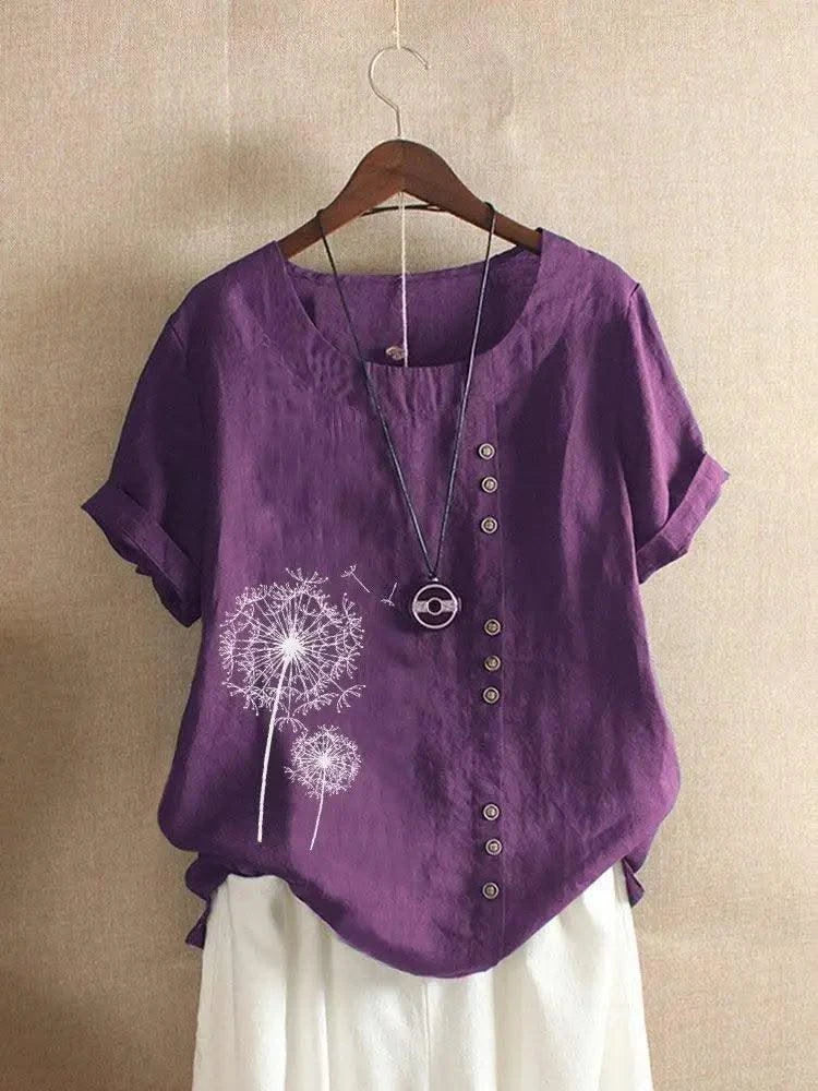 Linen Women's Tops Fashion Floral Printed Cotton Yarn Shirt Fashion Button Design Shirt Sleeve T Shirts