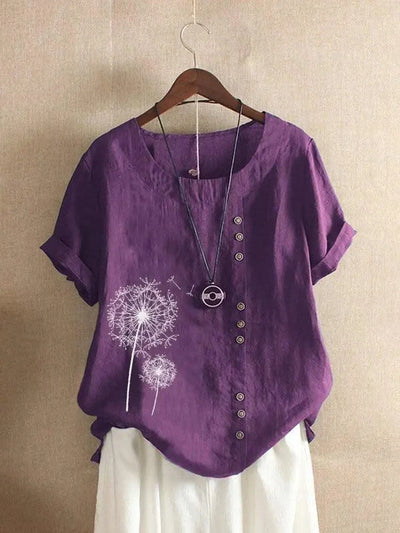 Linen Women's Tops Fashion Floral Printed Cotton Yarn Shirt Fashion Button Design Shirt Sleeve T Shirts