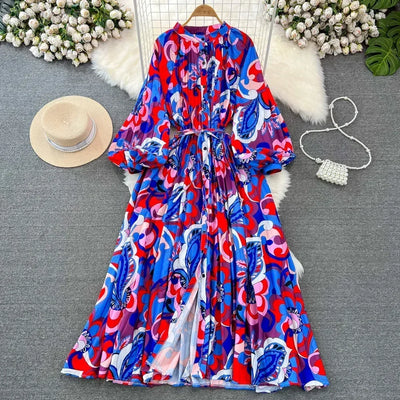 Retro Elegant Sashes O Neck Single Breasted Print Dresses Long Lantern Sleeves A-line Casual High Waist Women Autumn Clothing