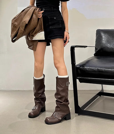 Woman Boots Knee High Platform Chunky Heels Trend Punk Gothic New Rock Leather Fashion Women's Shoes Motorcycle Footwear