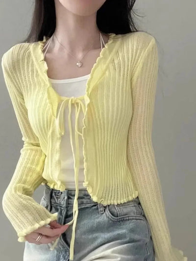 Ruffled Trim Tie Front Long Sleeve Crop Top Women Long Sleeve Open Front Ribbed Knit Cardigan Sweater Summer Fairycore Outfit