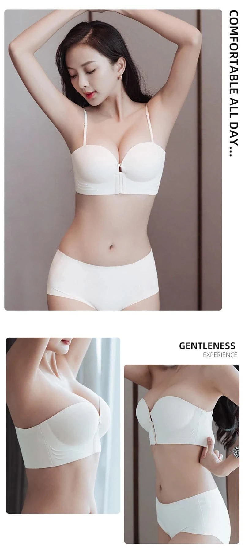 Front Closure Strapless Bras For Women Seamless Push Up Brassiere Thick Soft Underwear Solid Color Adjustable Invisible Lingerie
