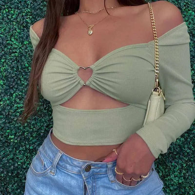 Hollow-Out V-neck Long Sleeve Crop Tops Spring Fall Casual Fashion Women Square Collar Slim Ribbed T-Shirts Backless Tee