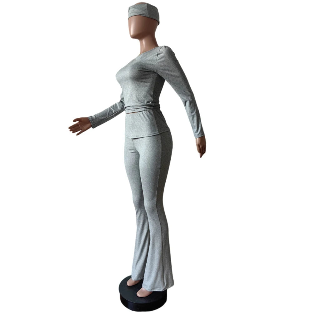 2 Two Piece Lounge Wear for Women 2024 Loungewear With Headband Yoga Outfit Long Sleeve Tops and Flare Pants Sets Tracksuit