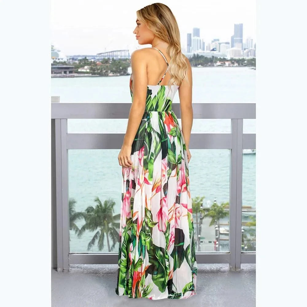 Floral Dress Women's Summer Dress Sexy Backless V-neck Suspender Long Dress