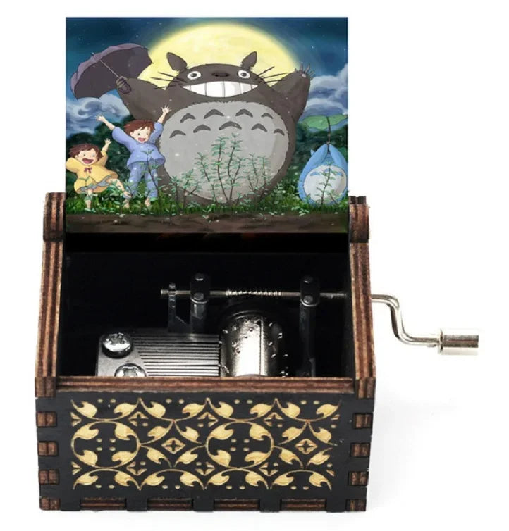 Wooden painted music box, Totoro music gift, ornament, light luxury wooden hand cranked music box