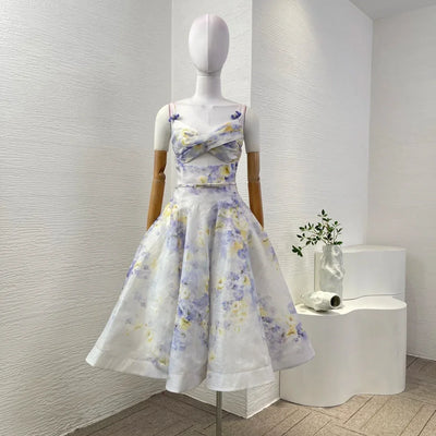 Overlap Pleats 2025 New Floral Print Linen Silk High Quality Spring Summer Sleeveless Shirred Strapless Women Midi Dress